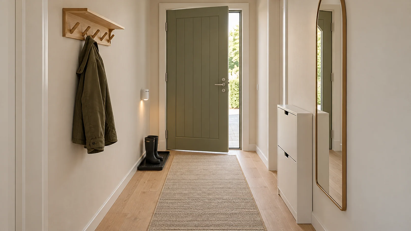 Illustrative tiny-space room scene showing five selected product roles for entrance hallway north facing.