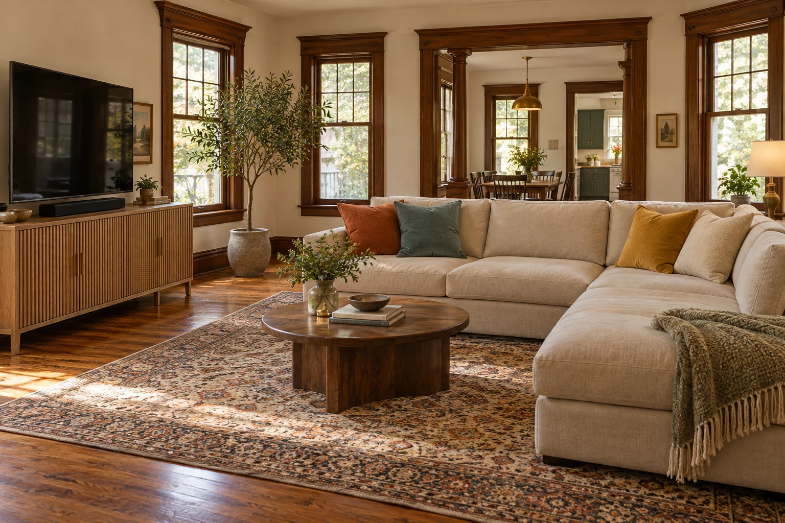 AI-generated illustrative traditional living room with five numbered selected product roles.