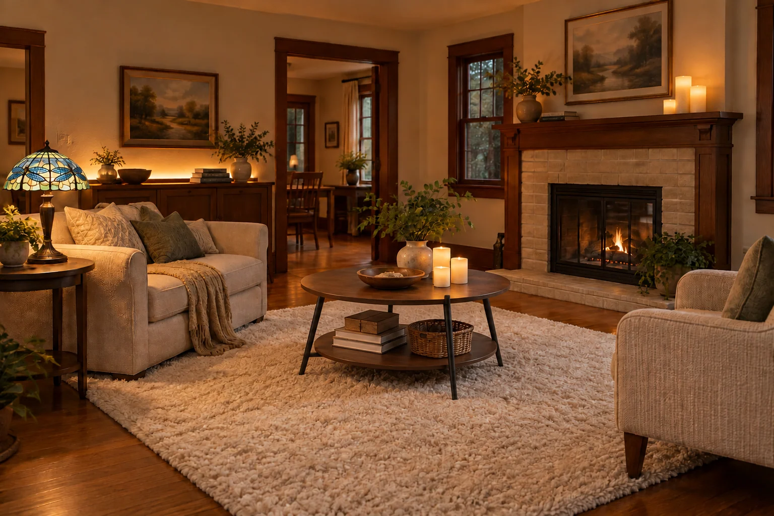 AI-generated illustrative traditional living room with five numbered selected product roles.